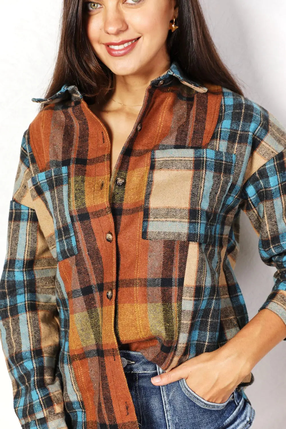Double Take Plaid Curved-Hem Shirt Jacket - Whispering Desires Shoppe