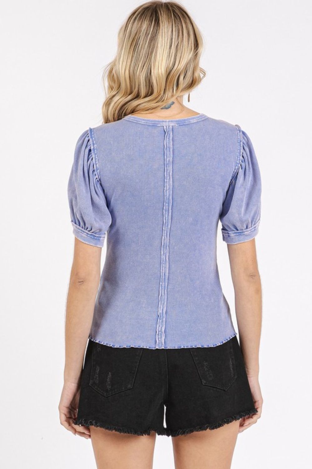 Mittoshop Mineral Wash Puff Sleeve Rib Knit T-Shirt - Whispering Desires Shoppe