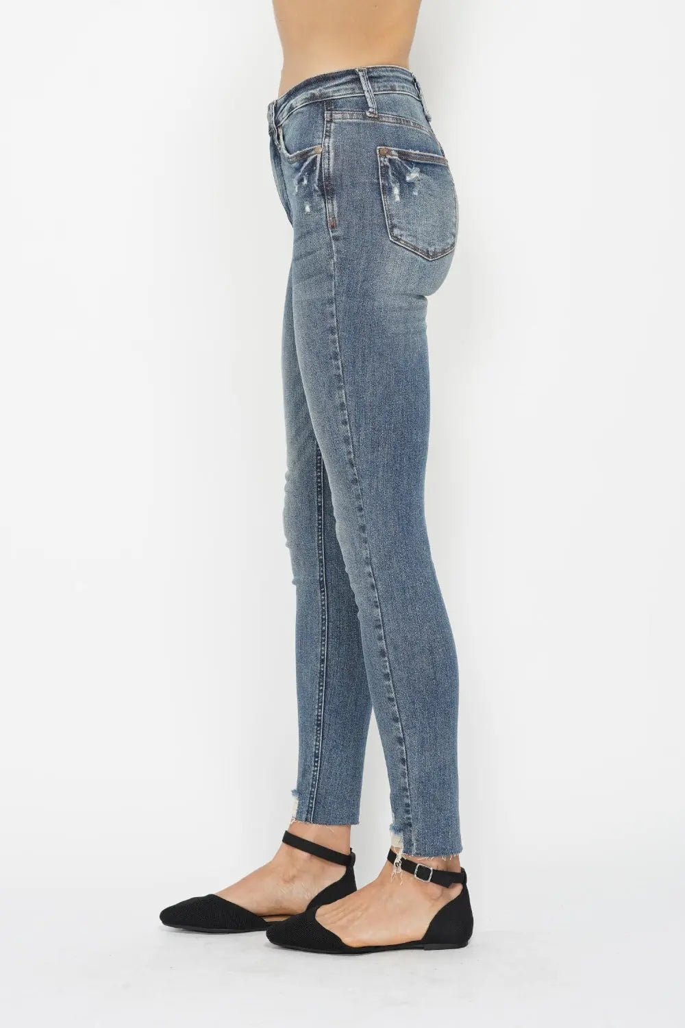 Judy Blue Tummy Control Vintage Wash Distressed Hem Jeans - Whispering Desires Shoppe