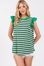 Ces Femme Striped Round Neck Ruffled Cap Sleeve Top - Whispering Desires Shoppe