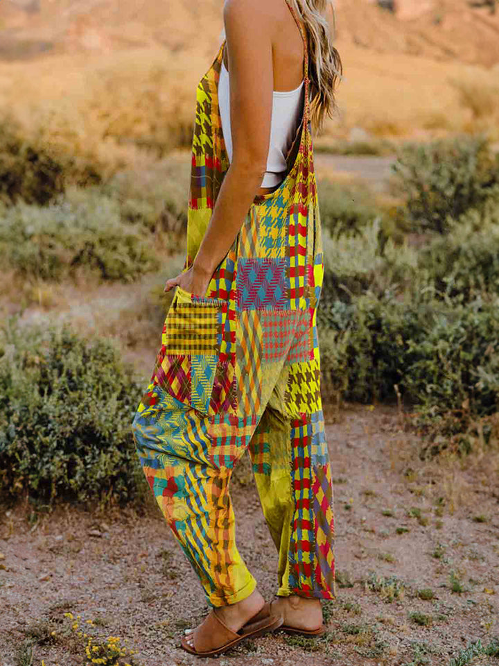 Full-Size Printed V-Neck Sleeveless Jumpsuit with Pockets - Whispering Desires Shoppe