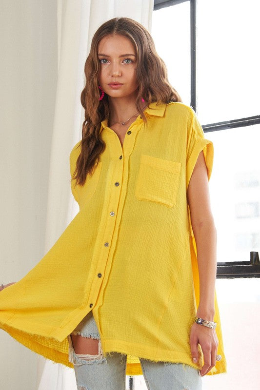 ADORA Raw Hem Collared Neck Button Down Shirt - Whispering Desires Shoppe
