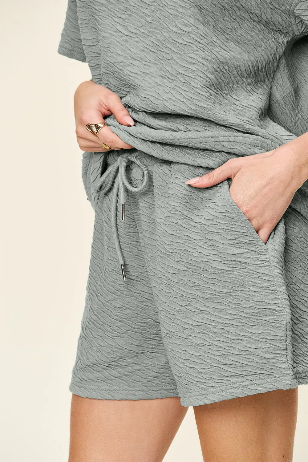 Double Take Textured Tee & Drawstring Shorts Set - Whispering Desires Shoppe