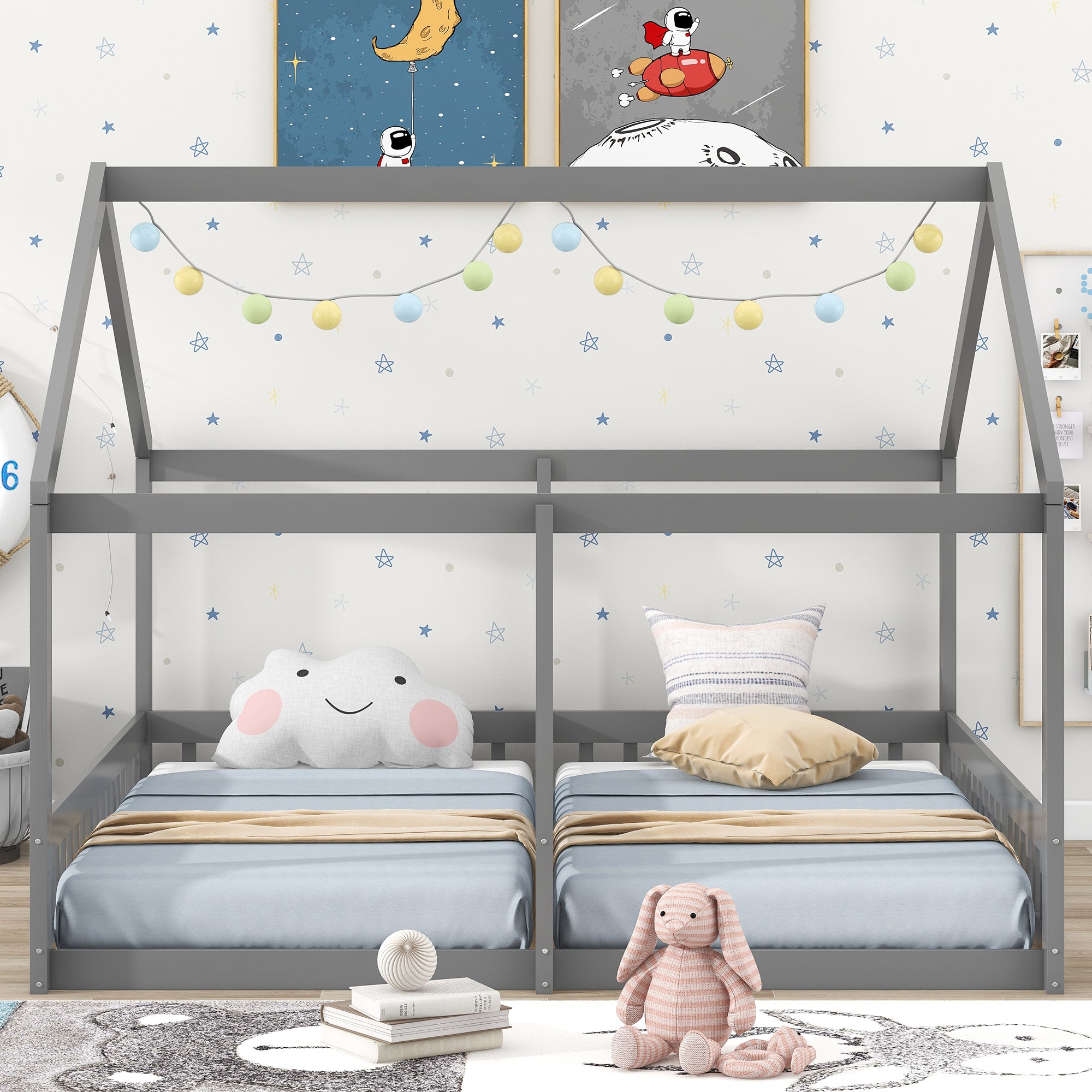 Twin Size House Platform Beds Two Shared Beds Gray eprolo