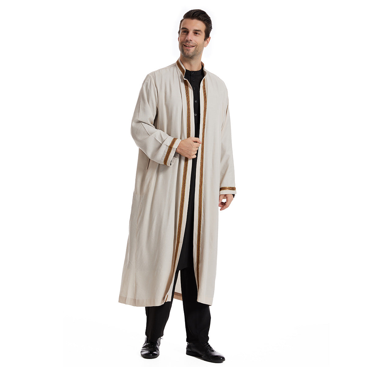 Men Open Abaya Muslim Saudi Jubba Thobe Islamic Clothing Ramadan Kimono Long Sleeve Robe Caftan Dubai Stand Collar Arabic eprolo