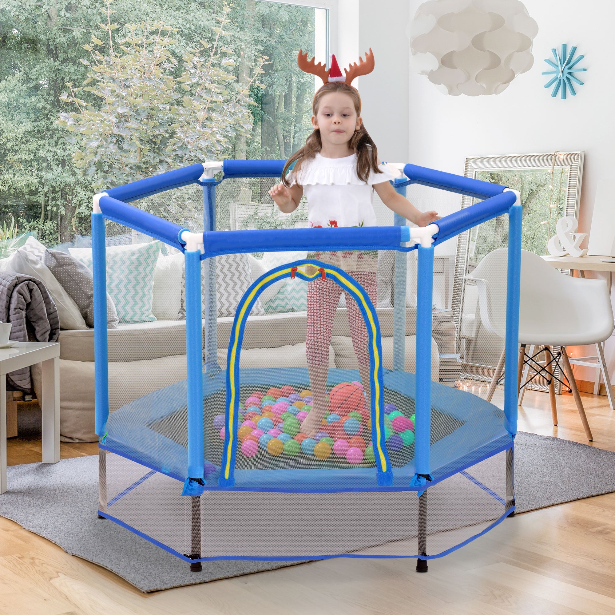 55'' Toddlers Trampoline with Safety Enclosure Net and Balls, Indoor Outdoor Mini Trampoline for Kids eprolo