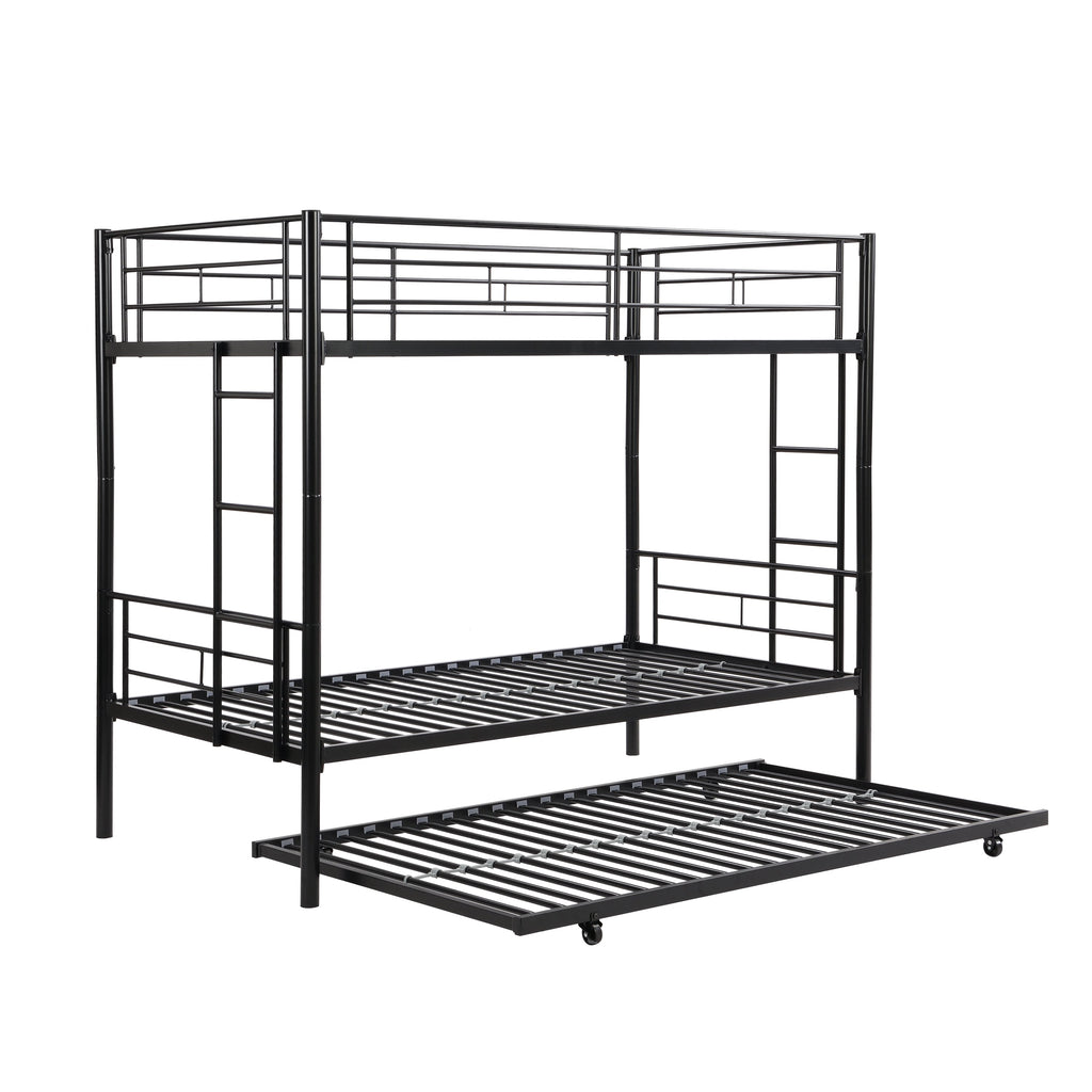 Twin bunk bed frame with trailer, metal bunk bed with sturdy guardrail and side ladder, can be divided into two beds, black eprolo
