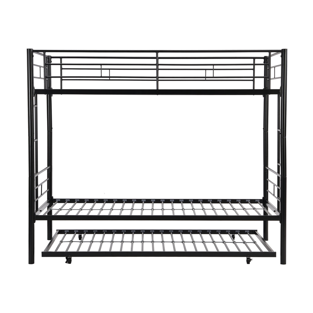 Twin bunk bed frame with trailer, metal bunk bed with sturdy guardrail and side ladder, can be divided into two beds, black eprolo