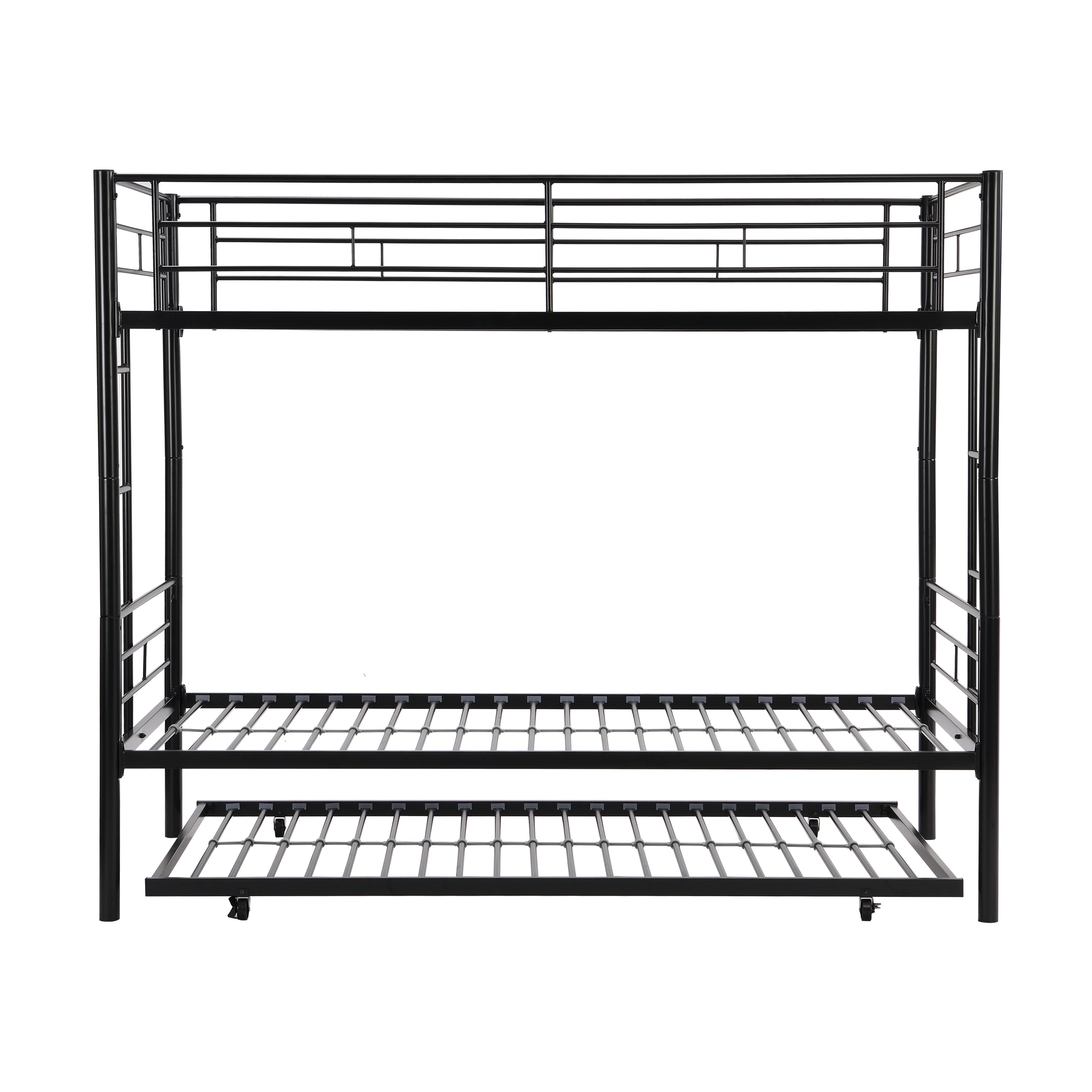 Twin bunk bed frame with trailer, metal bunk bed with sturdy guardrail and side ladder, can be divided into two beds, black eprolo