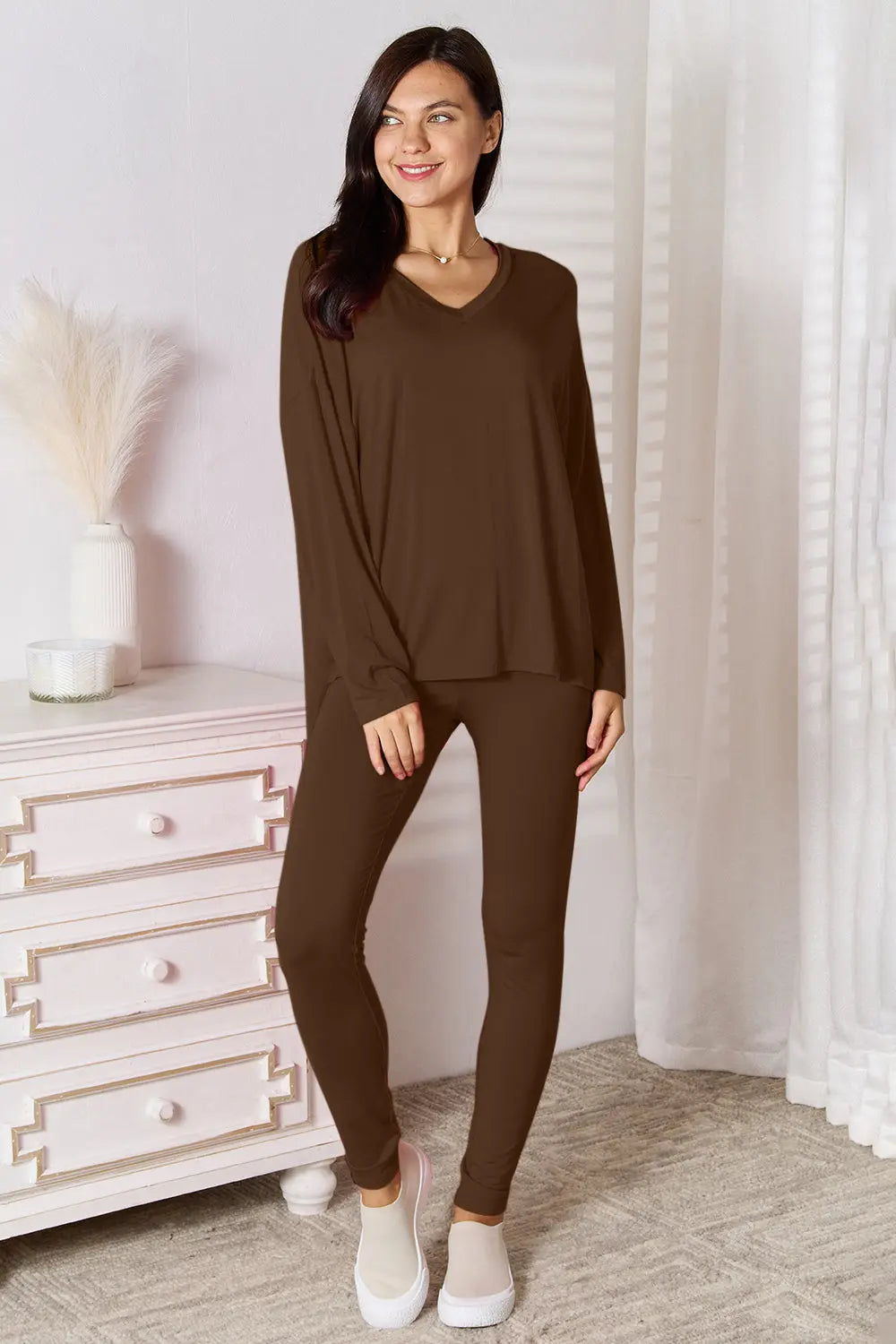 Basic Bae V-Neck Lounge Set – Soft Long Sleeve - Whispering Desires Shoppe