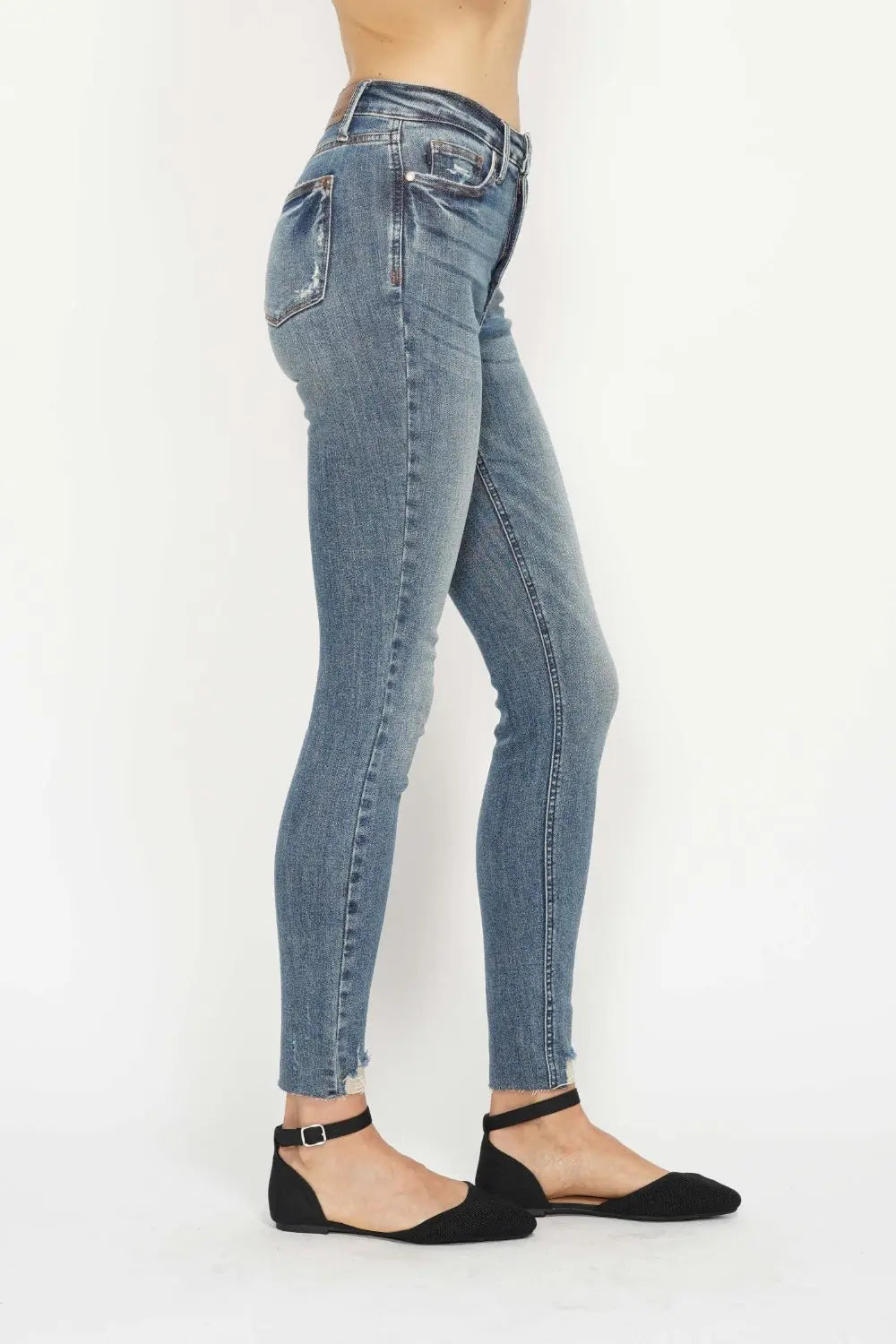 Judy Blue Tummy Control Vintage Wash Distressed Hem Jeans - Whispering Desires Shoppe