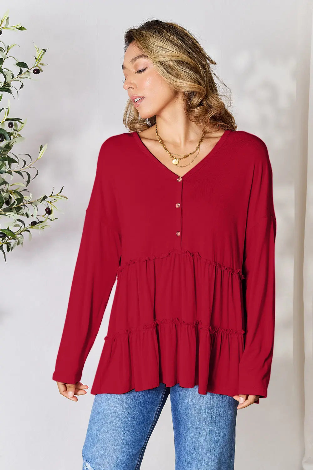 Double Take Ruffle-Hem Button Blouse - Whispering Desires Shoppe