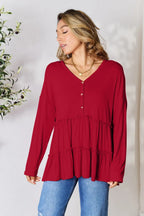 Double Take Ruffle-Hem Button Blouse - Whispering Desires Shoppe
