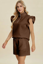 Double Take Flounce Sleeve Top & Drawstring Shorts - Whispering Desires Shoppe