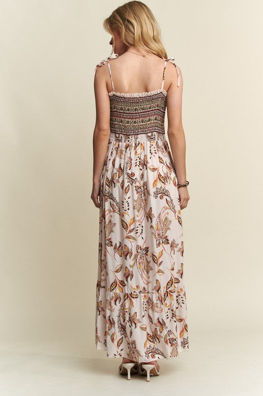 ADORA Smocked Printed Square Neck Tie Shoulder Cami Dress - Whispering Desires Shoppe