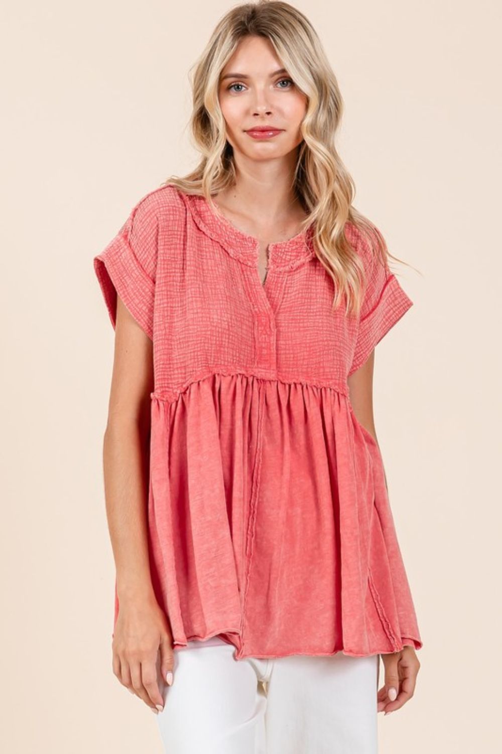 Mittoshop Mixed Media Mineral Wash Babydoll Short Sleeve Blouse - Whispering Desires Shoppe