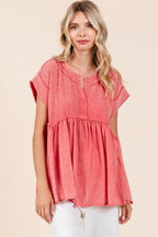 Mittoshop Mixed Media Mineral Wash Babydoll Short Sleeve Blouse - Whispering Desires Shoppe