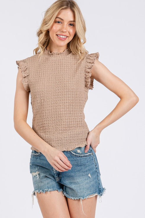Ces Femme Texture Mock Neck Ruffle Cap Sleeve Blouse - Whispering Desires Shoppe