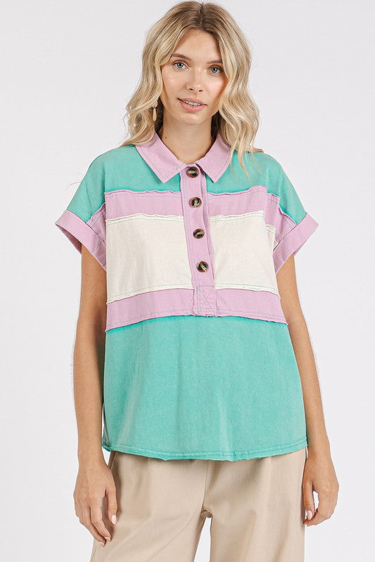 Mittoshop Color Block Henley Short Sleeve Polo Shirt - Whispering Desires Shoppe