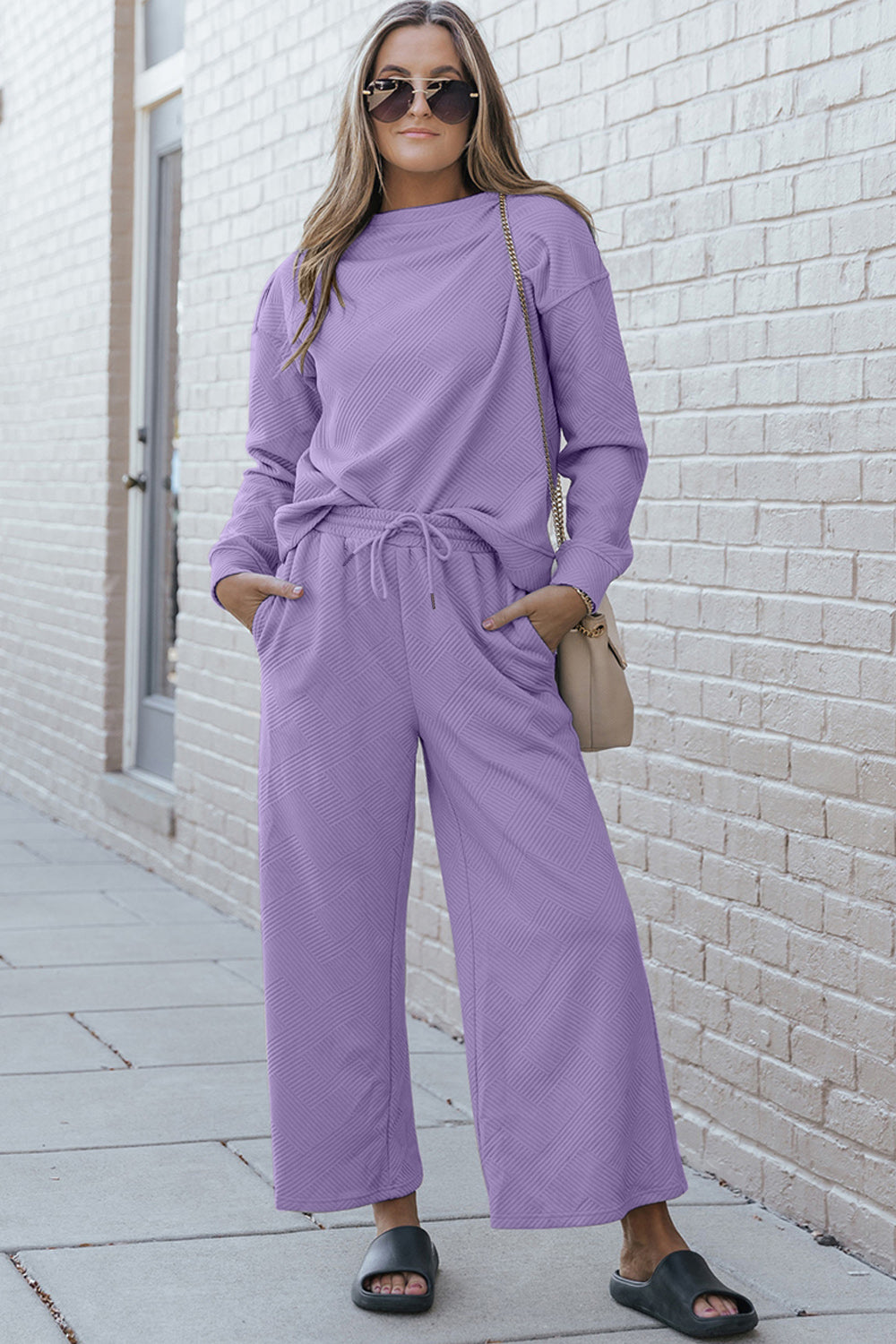 Double Take Full Size Textured Long Sleeve Top and Drawstring Pants Set - Whispering Desires Shoppe