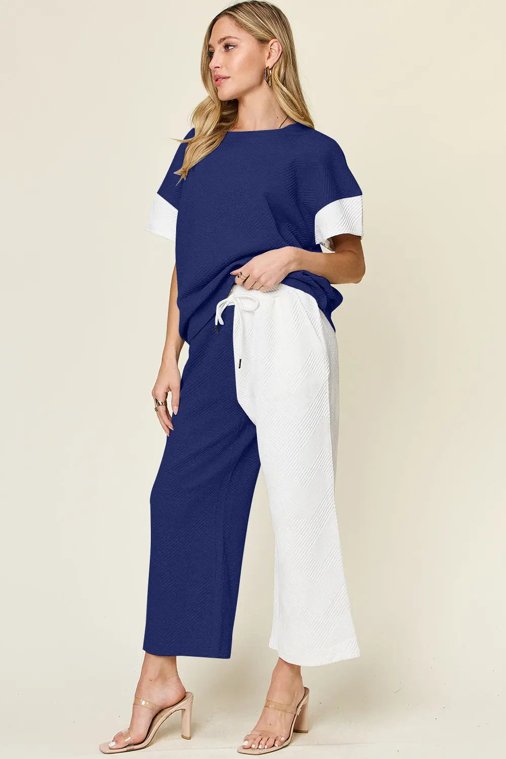 Double Take Texture Contrast Two-Piece Set — Wide Leg - Whispering Desires Shoppe