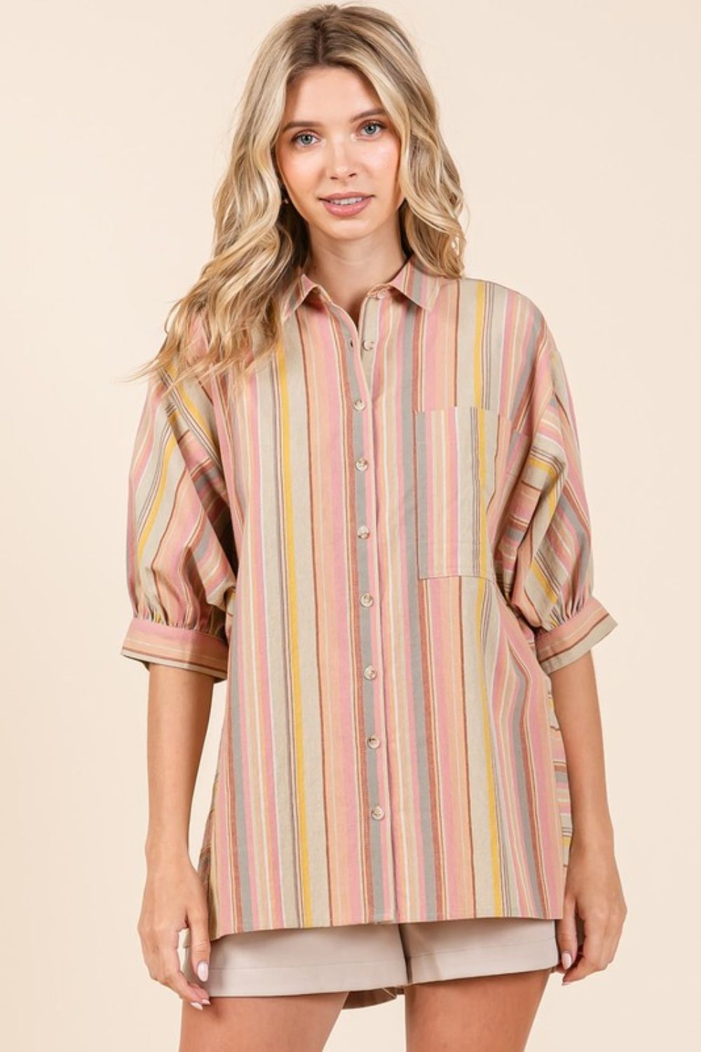 Mittoshop Striped Bubble Sleeve Button Down Shirt - Whispering Desires Shoppe
