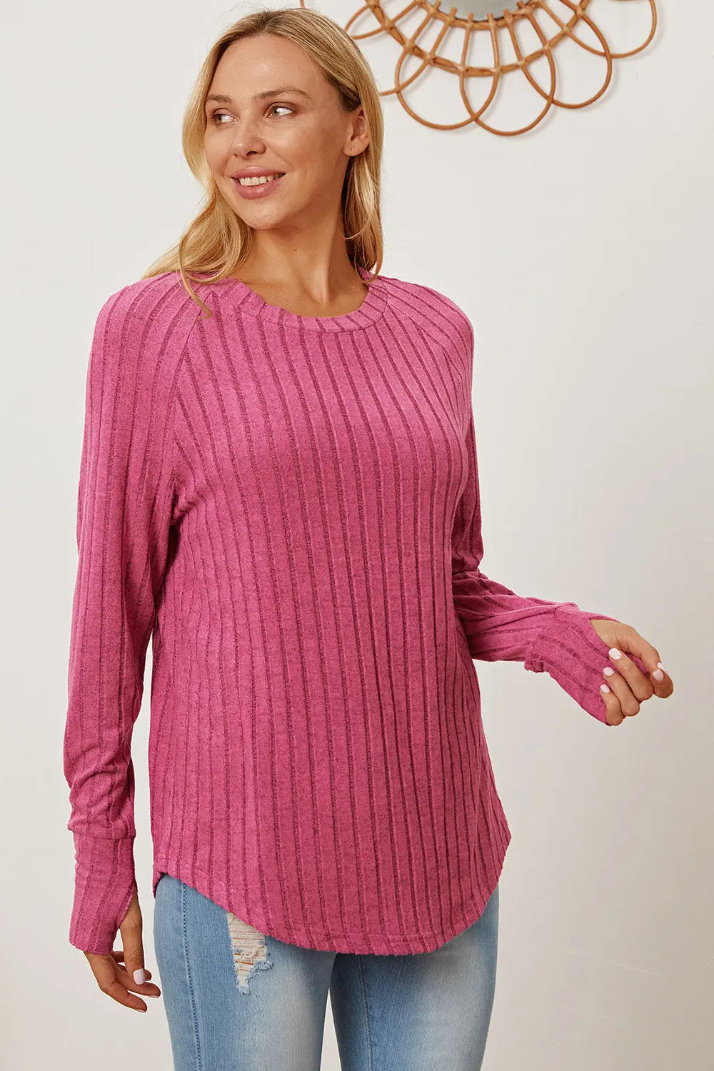 Basic Bae Ribbed Thumbhole Long-Sleeve Tee - Whispering Desires Shoppe