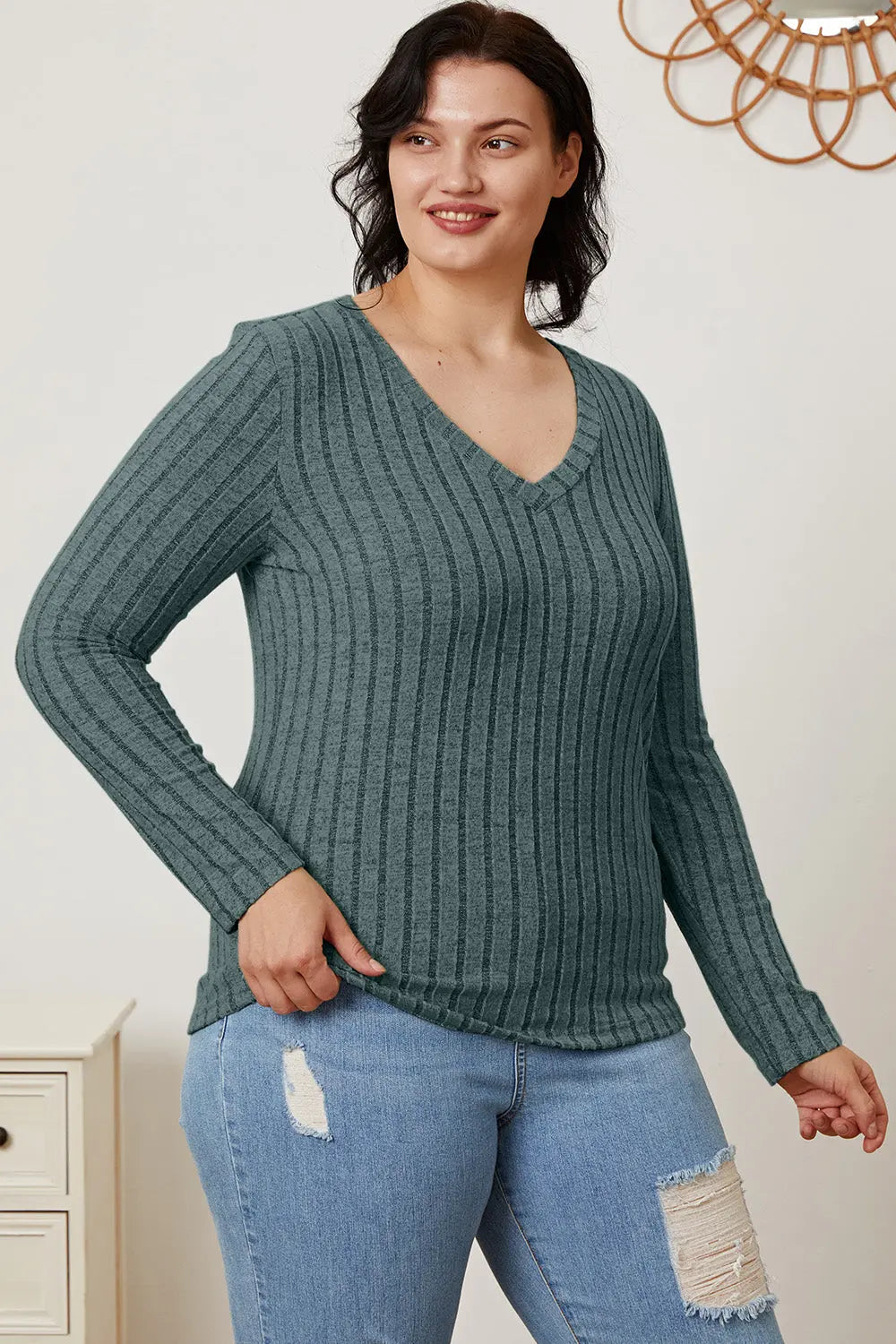 Basic Bae Ribbed V-Neck Long Sleeve Tee - Whispering Desires Shoppe