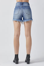RISEN Asymmetrical Raw-Hem Denim Shorts - Whispering Desires Shoppe