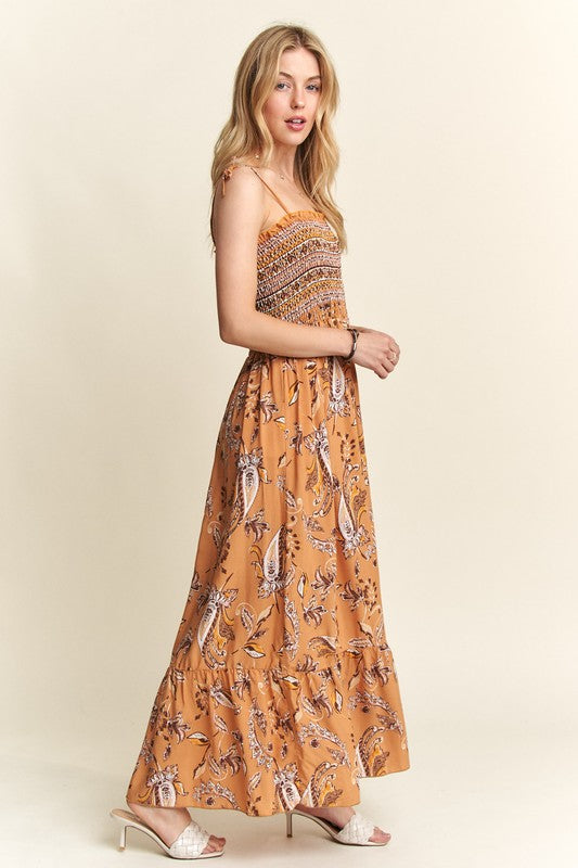 ADORA Smocked Printed Square Neck Tie Shoulder Cami Dress - Whispering Desires Shoppe