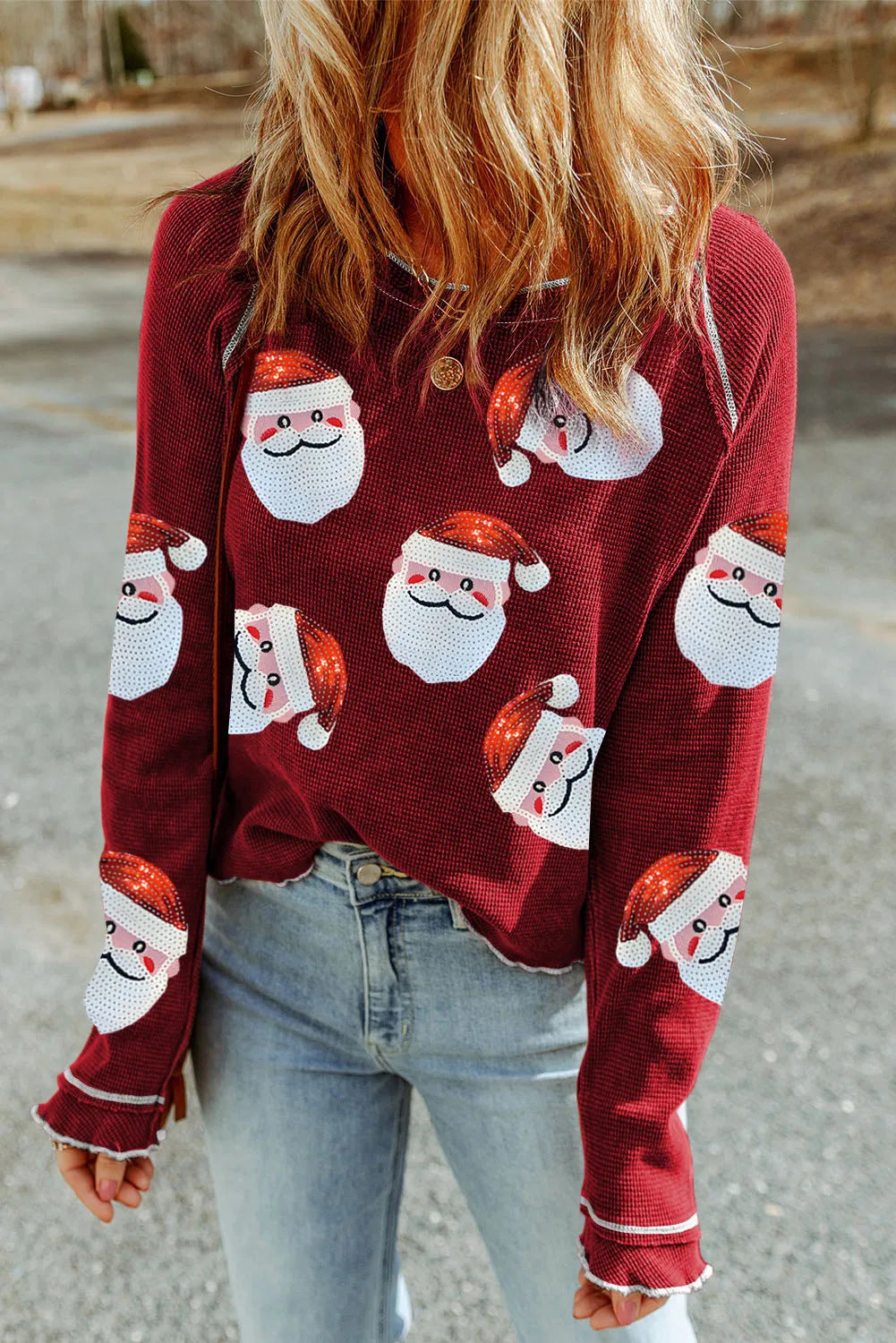 Sequin Santa Round Neck Long Sleeve Blouse - Whispering Desires Shoppe