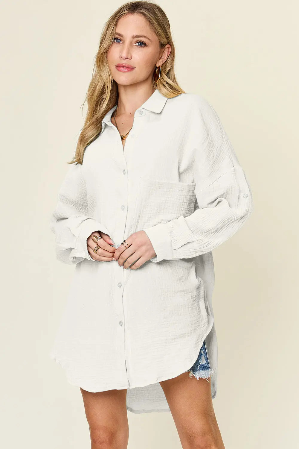 Double Take Textured Cotton Button-Up Shirt - Whispering Desires Shoppe