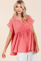 Mittoshop Mixed Media Mineral Wash Babydoll Short Sleeve Blouse - Whispering Desires Shoppe