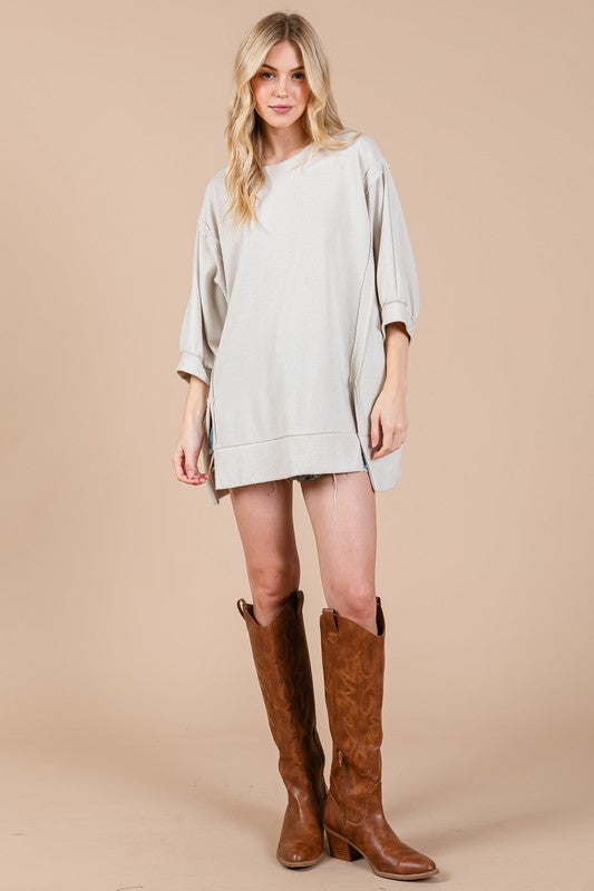 Ces Femme Side Slit Drop Shoulder Puff Sleeve Sweatshirt - Whispering Desires Shoppe