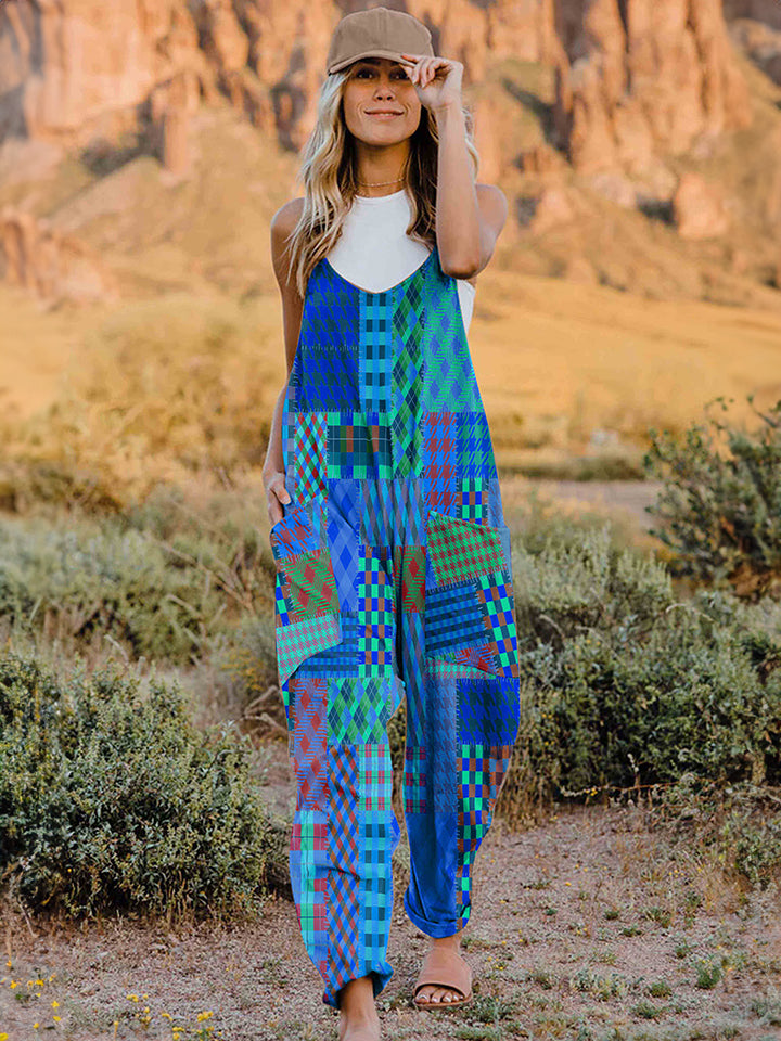 Full-Size Printed V-Neck Sleeveless Jumpsuit with Pockets - Whispering Desires Shoppe