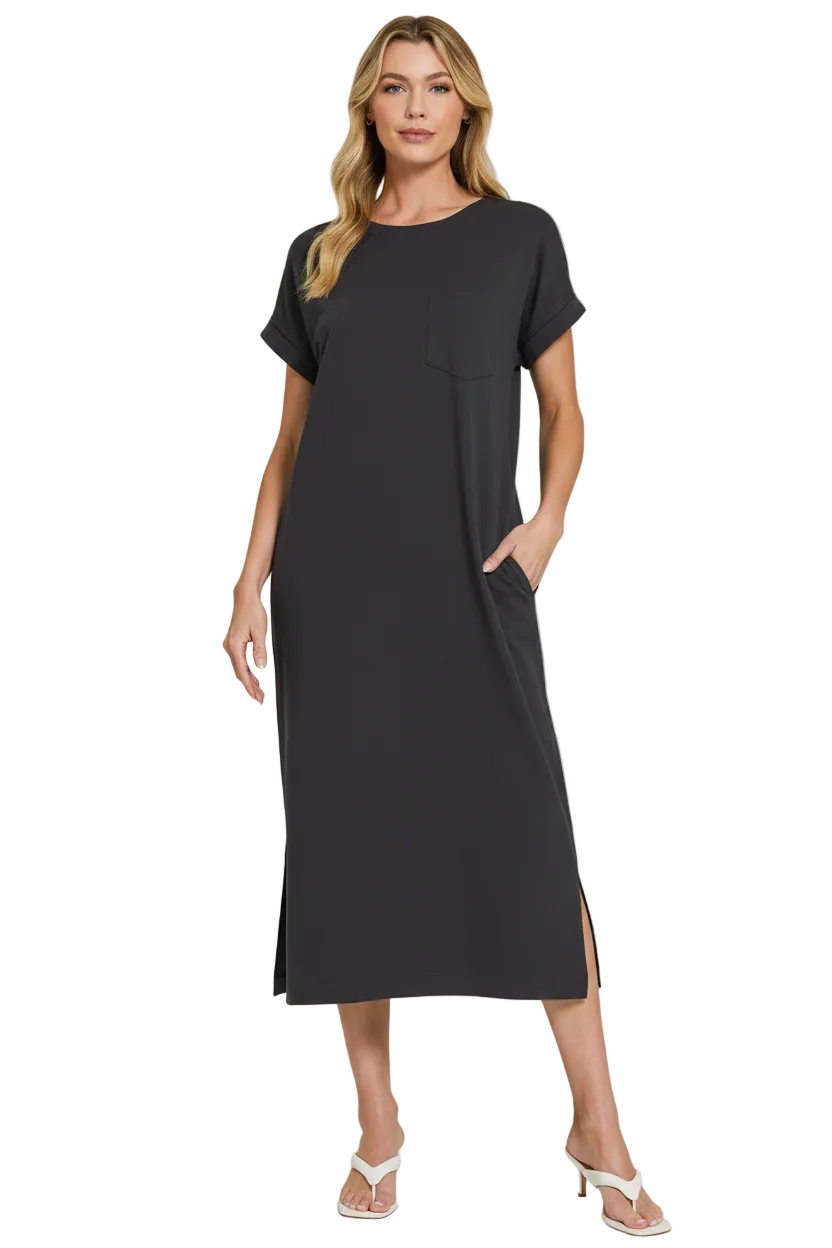Zenana Women's Cotton Midi Dress - Short Sleeve Round Neck with Pockets Trendsi