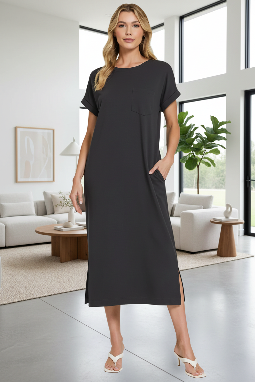 Zenana Women's Cotton Midi Dress - Short Sleeve Round Neck with Pockets Trendsi