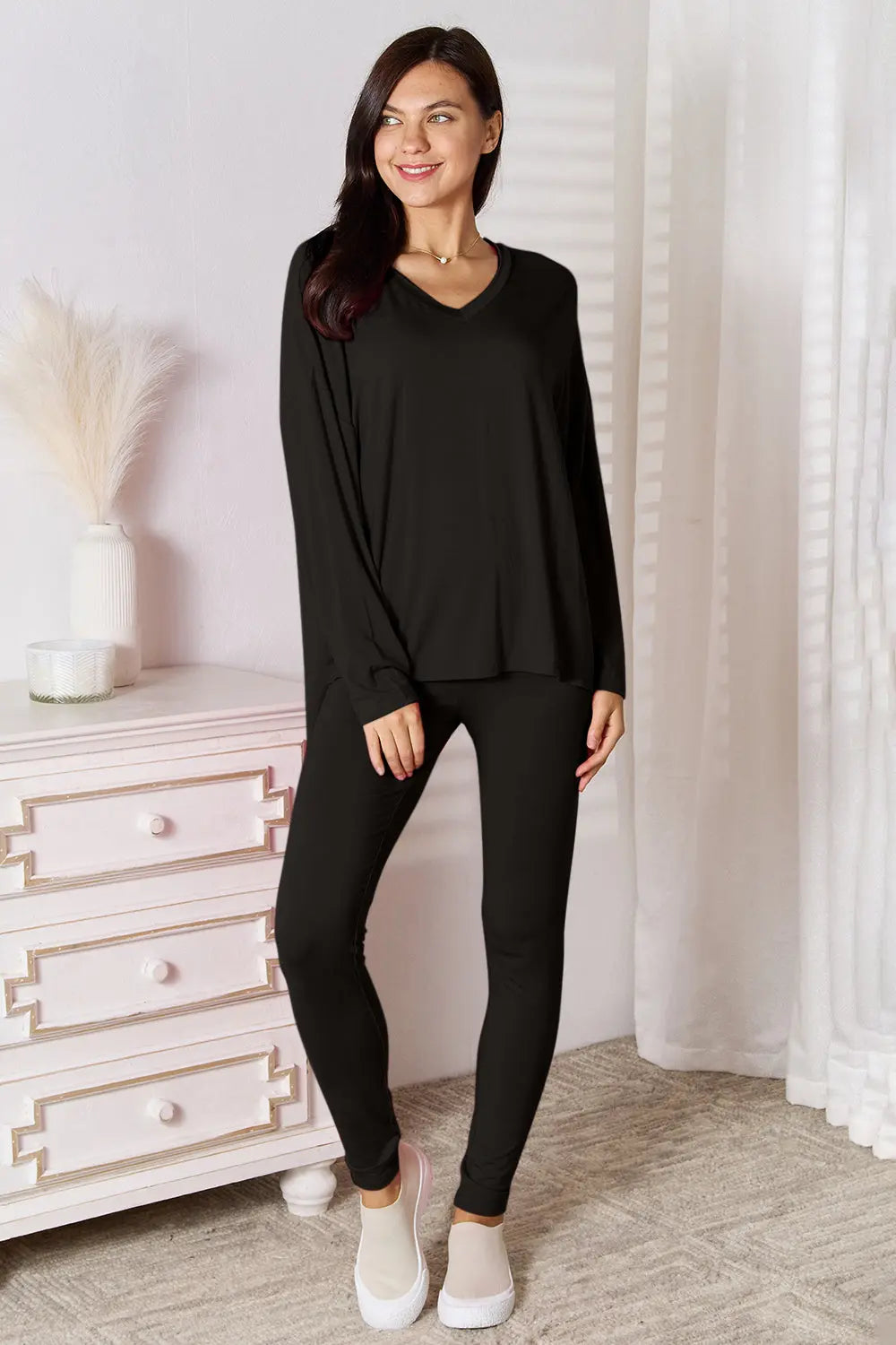 Basic Bae V-Neck Lounge Set – Soft Long Sleeve - Whispering Desires Shoppe