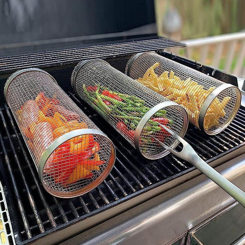 Rolling Grilling Basket Metal BBQ Barbecue Basket Net Portable Outdoor Camping Barbecue Rack Kitchen Gadgets eprolo