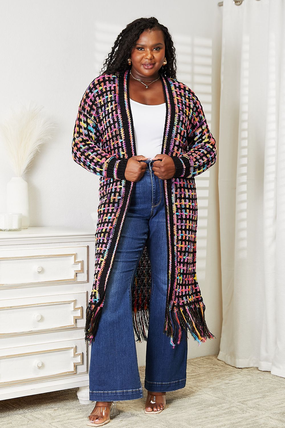 Angel Wings Full Size Multicolored Open Front Fringe Hem Cardigan - Whispering Desires Shoppe
