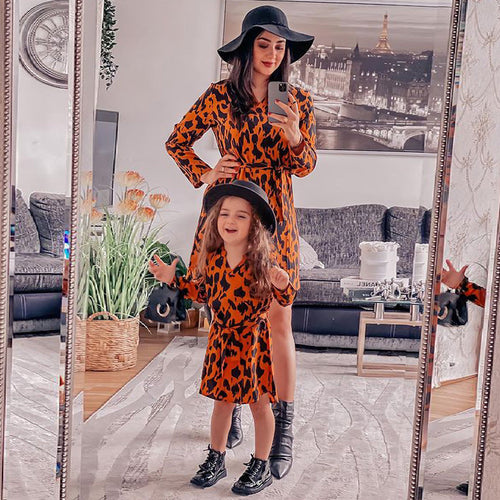 Children's Clothing Parent-Child Clothing Ins Style Children's Clothing Girl's Lace Up Pop Leopard Print Dress Women's Clothing eprolo