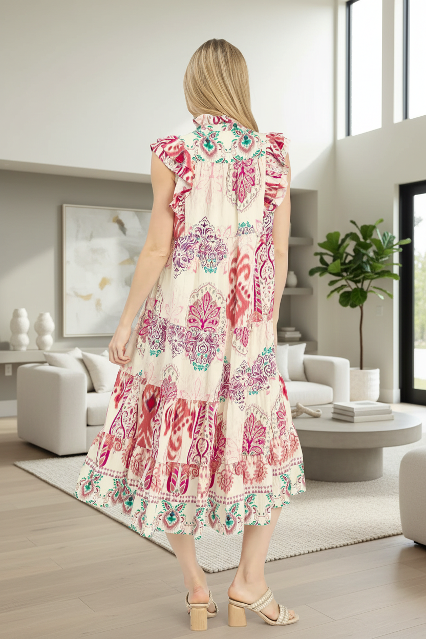Umgee Boho Border Print Ruffle Midi Dress | Tiered Sleeveless Summer Dress Trendsi
