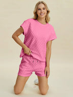 Double Take Textured T-Shirt & Drawstring Shorts Set - Whispering Desires Shoppe