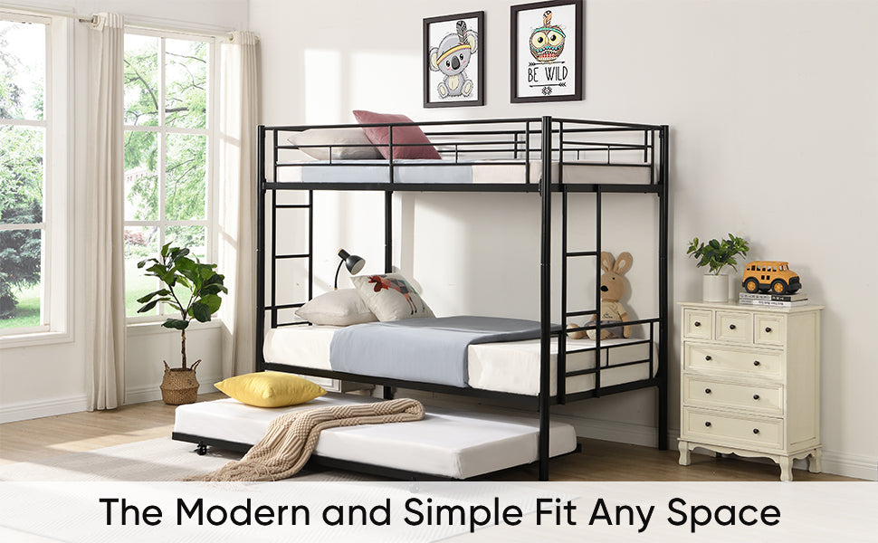 Twin bunk bed frame with trailer, metal bunk bed with sturdy guardrail and side ladder, can be divided into two beds, black eprolo