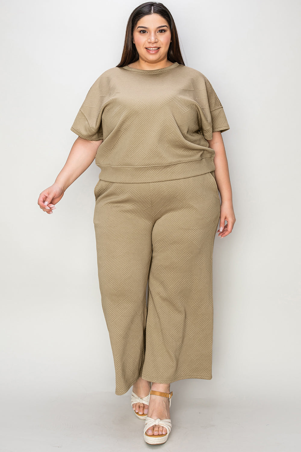 Double Take Full Size Texture Short Sleeve Top and Pants Set - Whispering Desires Shoppe