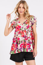 Mittoshop Floral V-Neck Ruffled Cap Sleeve Blouse - Whispering Desires Shoppe