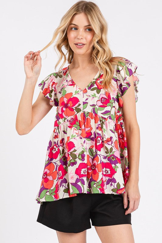 Mittoshop Floral V-Neck Ruffled Cap Sleeve Blouse - Whispering Desires Shoppe