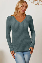 Basic Bae Ribbed V-Neck Long Sleeve Tee - Whispering Desires Shoppe