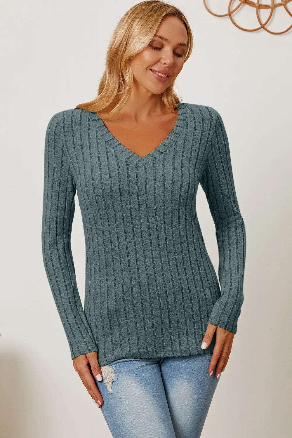 Basic Bae Ribbed V-Neck Long Sleeve Tee - Whispering Desires Shoppe