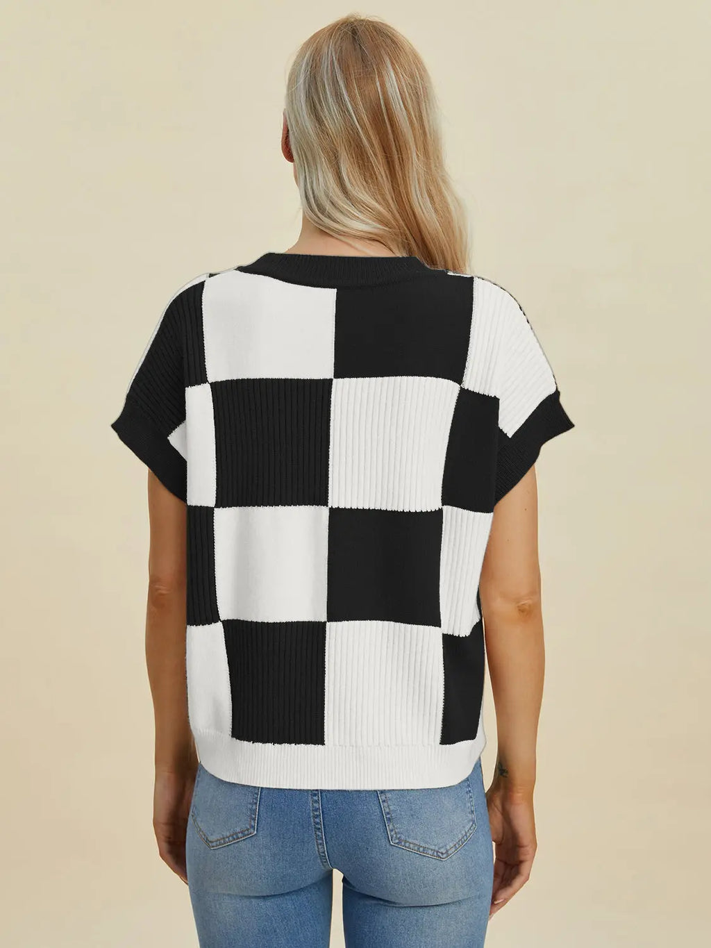 Double Take Checkered Round-Neck Short-Sleeve Sweater - Whispering Desires Shoppe